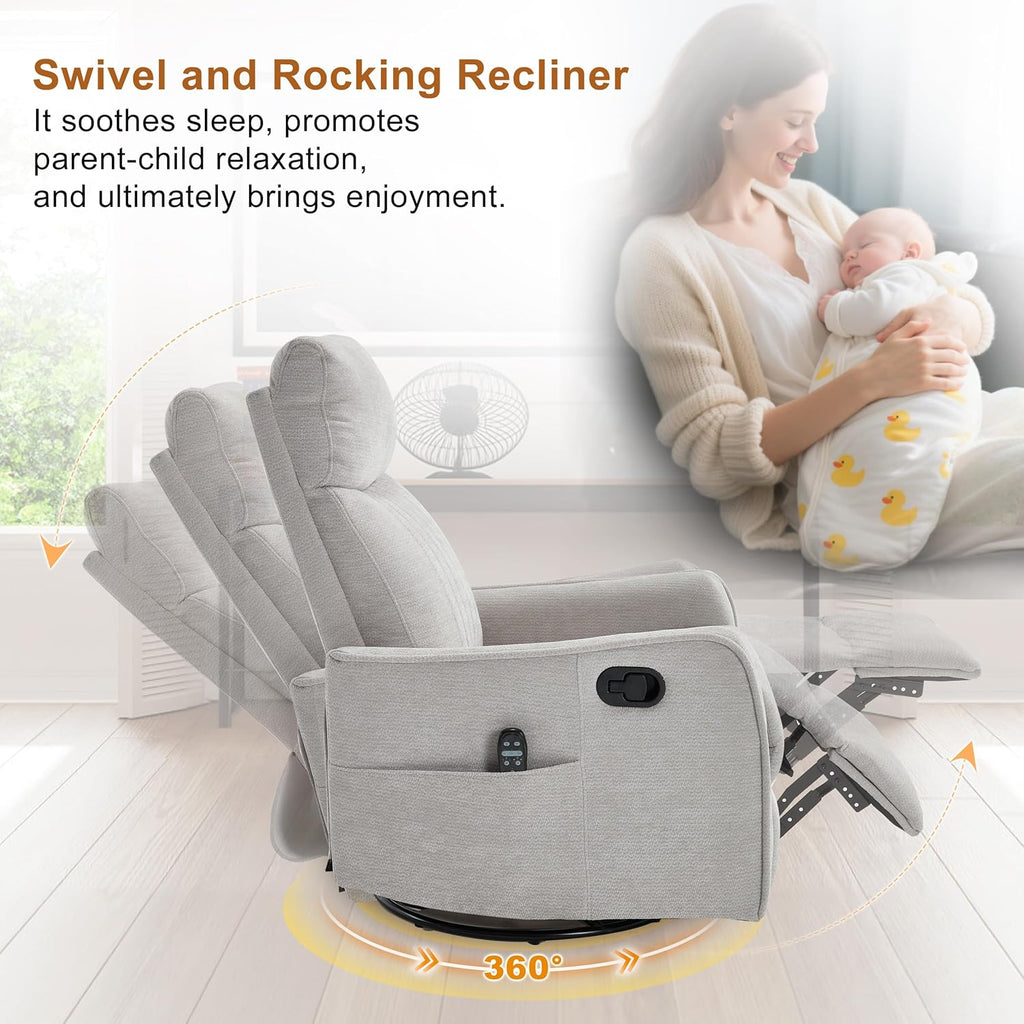 Manual Swivel Rocker Recliner Chair for Adults, Overstuffed Reclining Glider Chair for Nursing with Vibration Massage & Heat, Living Room Rocking Recliner 2-Stage backrest, Chenille Fabric Light Gray