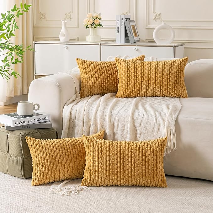 Set of 4 Mustard Yellow Decorative Throw Pillow Covers 12x20 Inch Corduroy by Cozoomy