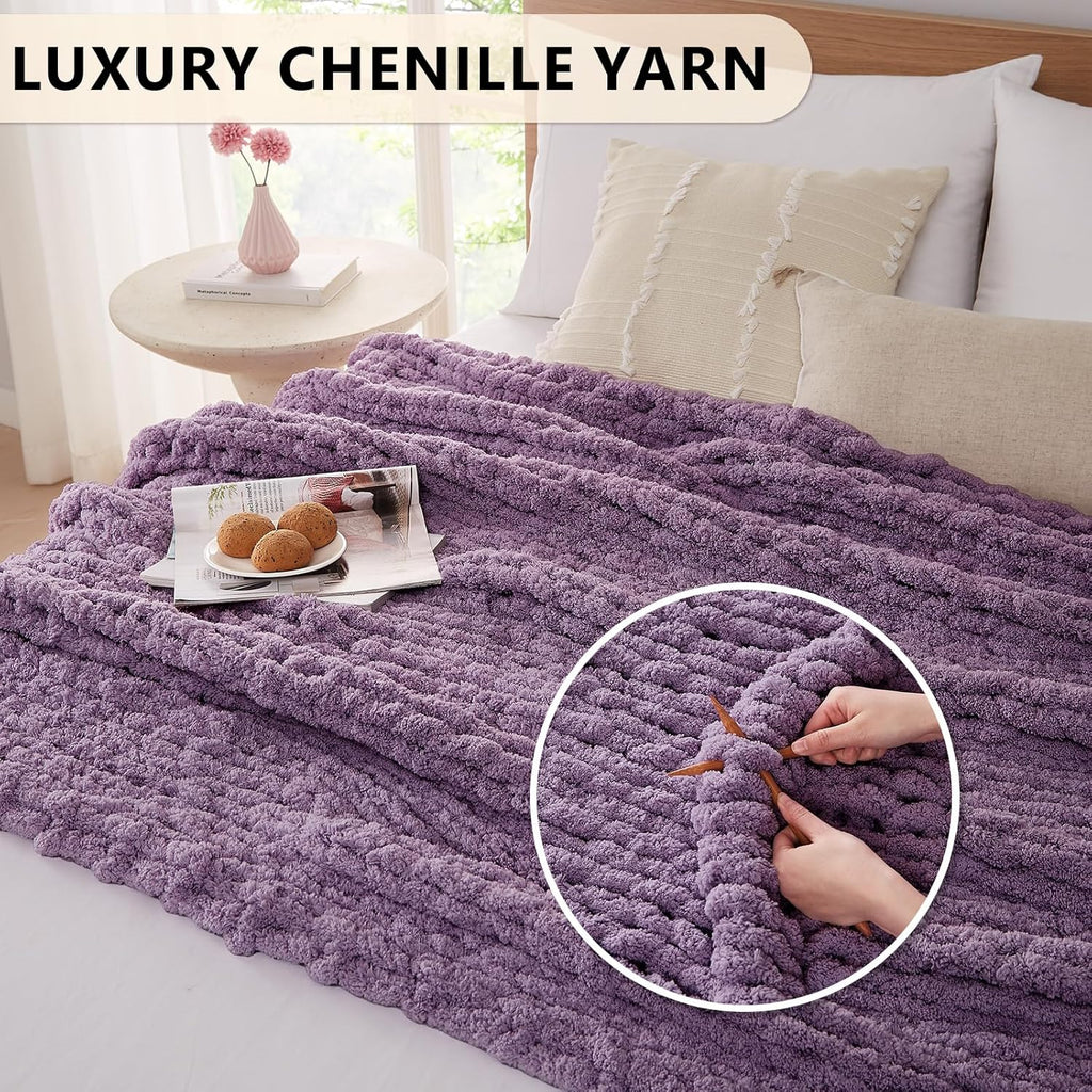 L'AGRATY Chunky Knit Blanket Throw: 60''x80'' Chenille Chunky Knitted Throw Blanket for Bed Couch - Handmade Thick Big Cable Knit Blanket - Large Crochet Rope Blanket for Home Decor(Deep Purple)