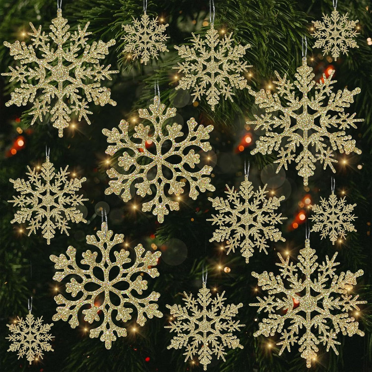 Christmas Tree Decorations Snowflake Ornaments, 36Pcs Glitter Gold Plastic Hanging Snowflakes from Ceiling Snow Flakes Decorating Hanging for Winter Wonderland Decorations Indoor Outdoor Decor