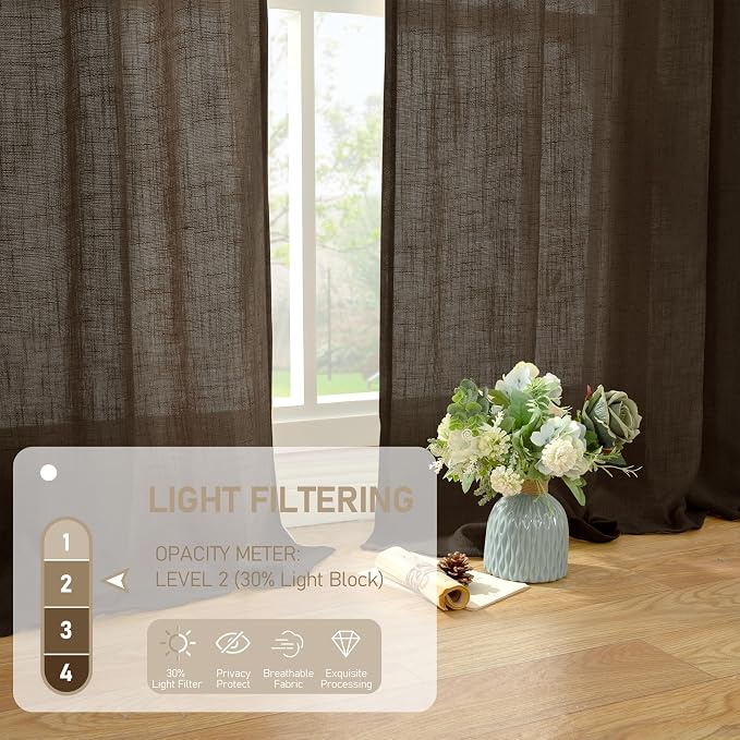 Dark Brown Linen Curtains 54 Inch Length 2 Panels - Image 4