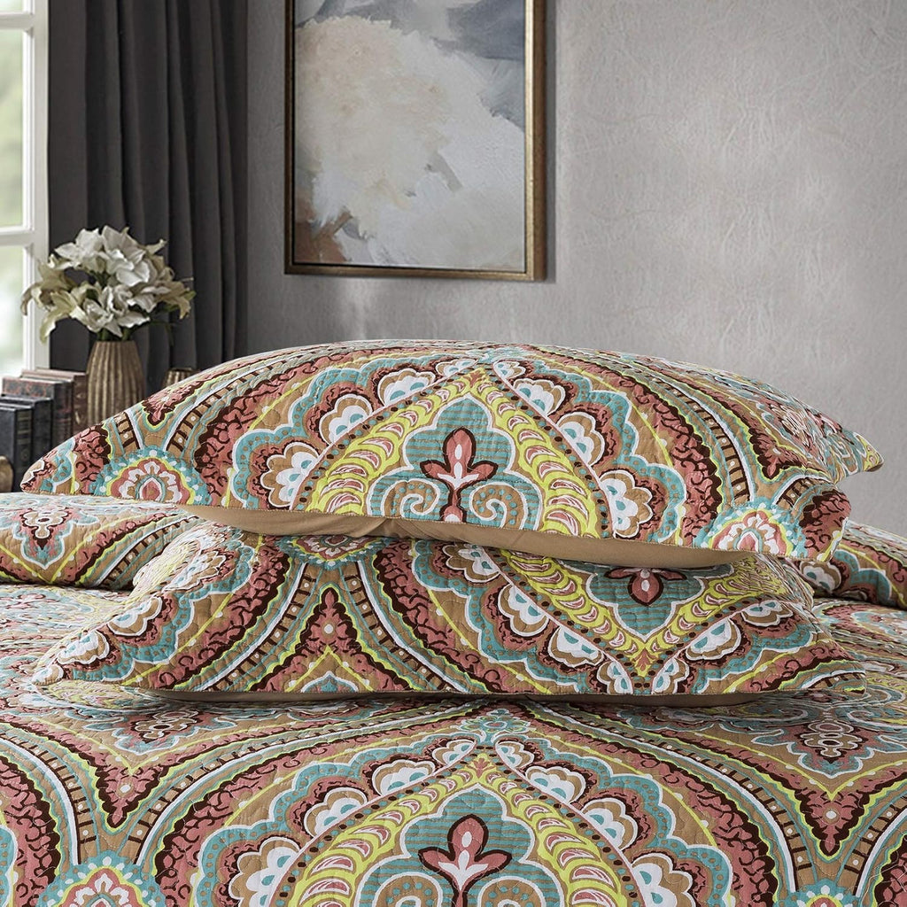 NEWLAKE Cotton Bedspread Quilt Sets-Reversible Patchwork Coverlet Set, European Paisley Blossom Pattern, King Size