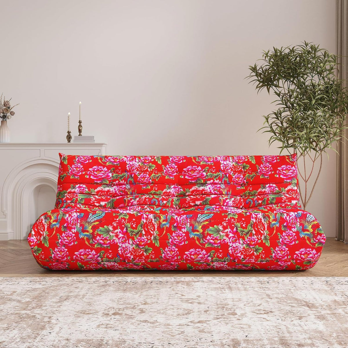 Big Bean Bag Chairs for Adults, 3 Seater Large Bean Bag Sofa, Fireside Chair Lazy Sofa Chair with High Density Comfortable Foam, Modern Bean Bag for Living Room, Bedroom, Office (Flower)
