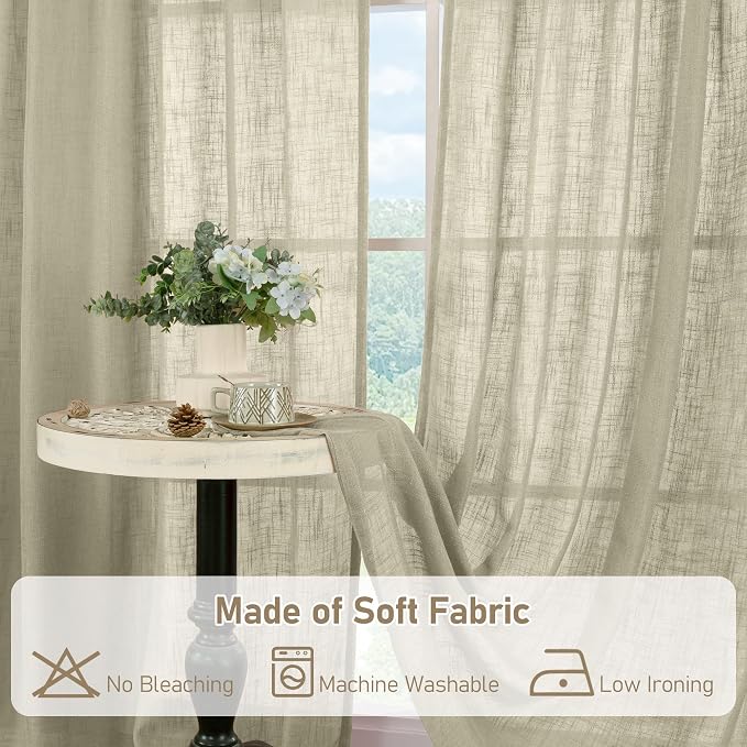 Oatmeal Semi Sheer Window Linen Curtains 63 Inch Length 2 Panels | Light - Image 8