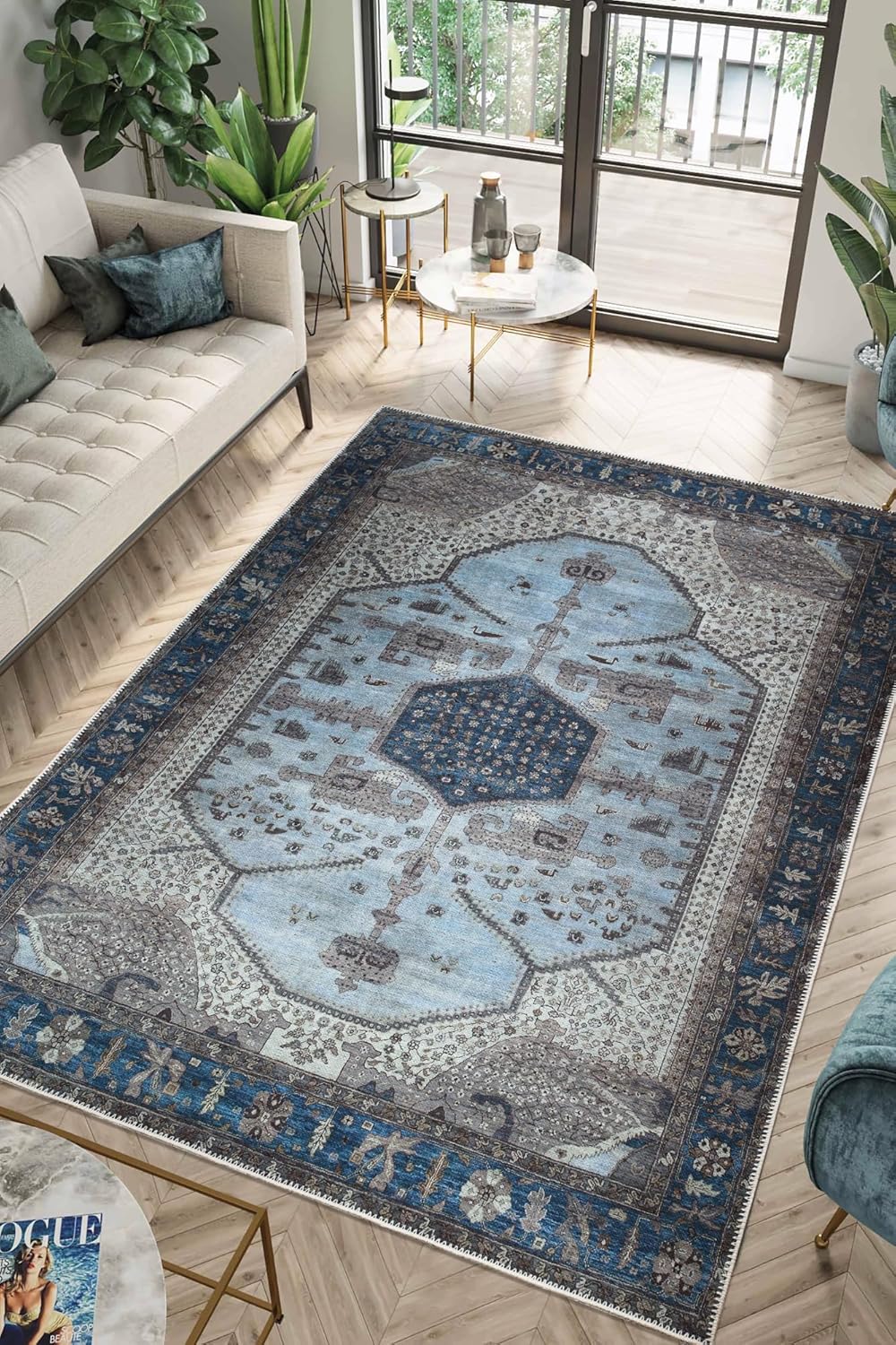 Keen Home Design 5x7 Rug - Machine Washable Area Rug with Non-Slip Backing, Ideal for Living Room, Dining Room, Bedroom - Vintage, Easy Clean, Durable, Low Pile Rug - (5' x 7')