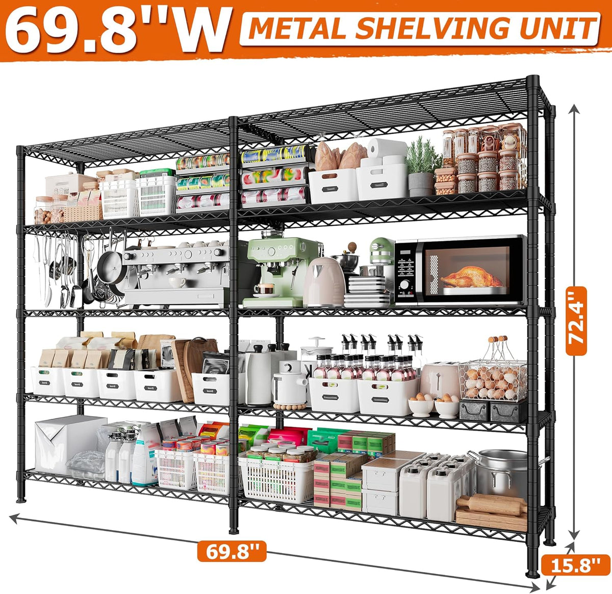 REIBII 1600LBS Storage Shelves Metal Shelving 5 Tier Wire Shelving Unit, 69.8" W Pantry Shelves Kitchen Shelves Adjustable Wire Shelf for Garage Storage Shelves, 69.8" Wx15.8 Dx72.4 H, Black