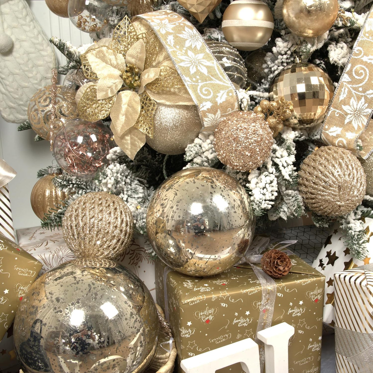 XmasExp Large Christmas Ball Ornaments,2pcs Champagne Giant Shatterproof Plastic Hanging Mercury Xmas Ball Decorations Christmas Tree Ornaments (Champagne Gold, 6")