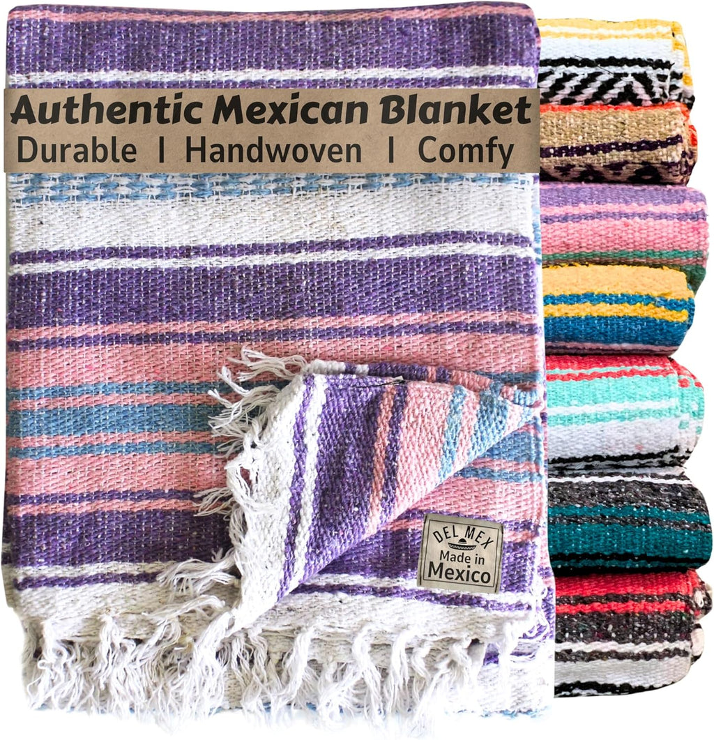 Del Mex Classic Mexican Blanket, Large Authentic Woven Falsa Throw (70"x50"), Artisan Southwest Décor for Beach, Yoga, Outdoors (Lavender/Pink)
