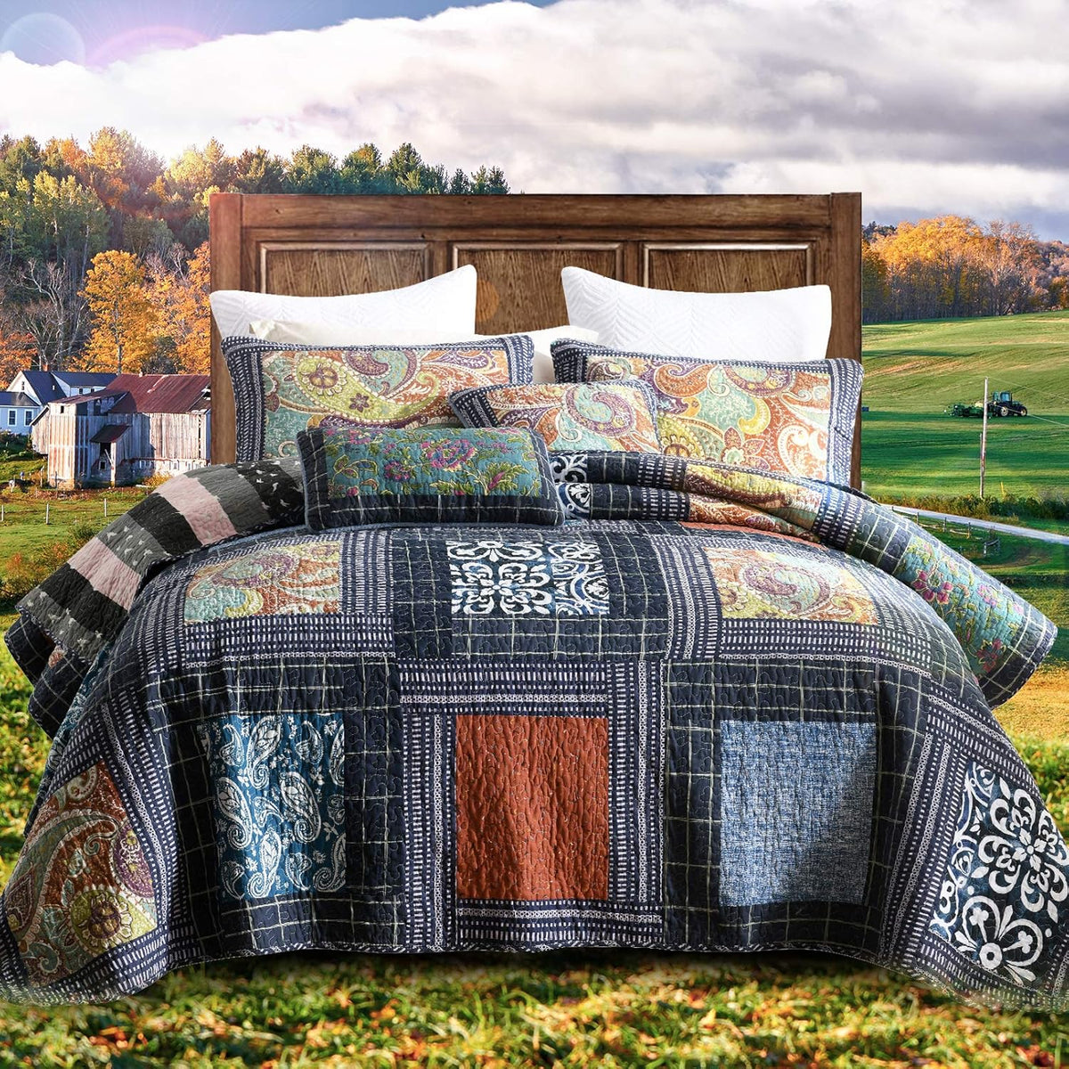 NEWLAKE Cotton Patchwork Bedspread, 3-Piece Bedding Quilt Set with Real Stitched Embroidery, Reversible Matelasse Bed Coverlet Set,Vintage Flowery Grid,King Size