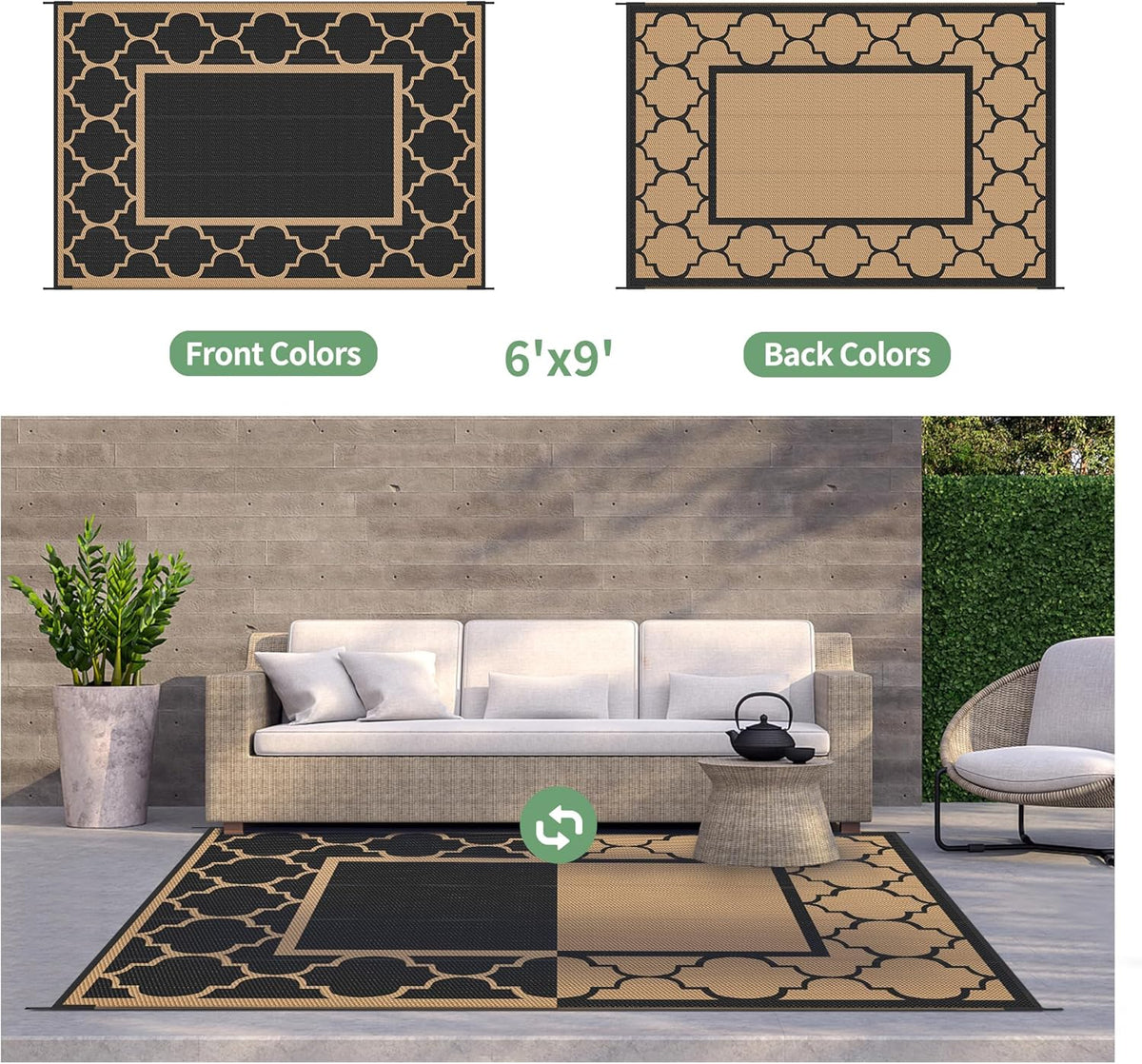 GENIMO 6' x 9' Outdoor Rug Waterproof for Patio Decor, Foldable Reversible Plastic Straw Area Rugs Mat for Camper, Outside Carpet for Rv, Deck, Porch, Picnic, Beach, Balcony, Black & Brown