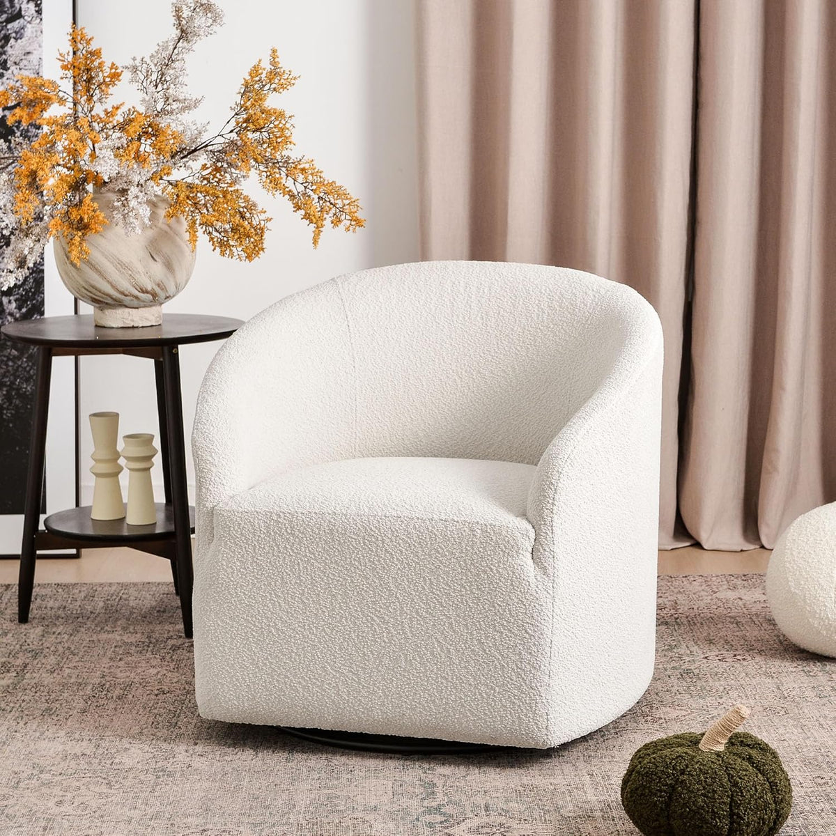 KINWELL 32" Wide Modern Boucle Swivel Barrel Chair, No Assembly Round Upholstered Swivel Accent Armchair for Living Room, Bedroom, Office (White)