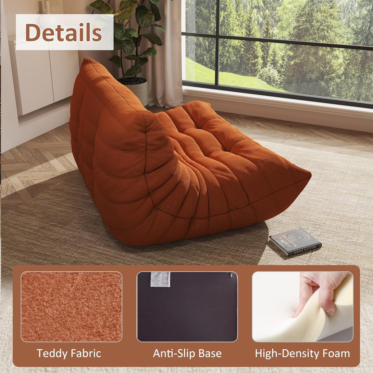 Bean Bag Chairs for Adults Giant Bean Bag Chair， 2 Seater with Memory Foam Filled Fireside Chair, Lazy Sofa Lounge Floor Sofa for Living Room, Bedroom, Office, No Assembly Required. (Orange)
