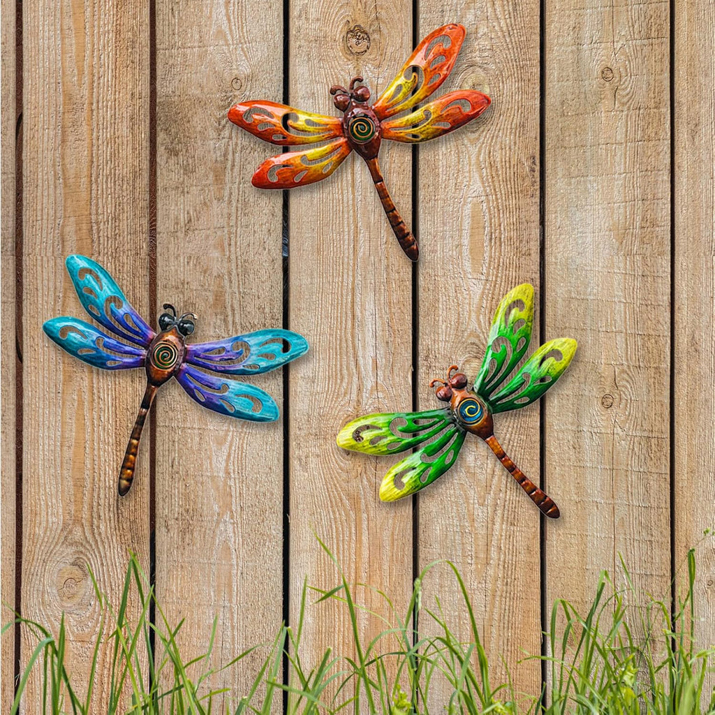wotieuns Metal Dragonfly Wall Decoration, Garden Fence Outdoor Wall Art, Outdoor Wall Decoration, Outdoor Art Decoration Dragonfly, Suitable for Living Room, Bedroom, Yard and Porch, Set of 3