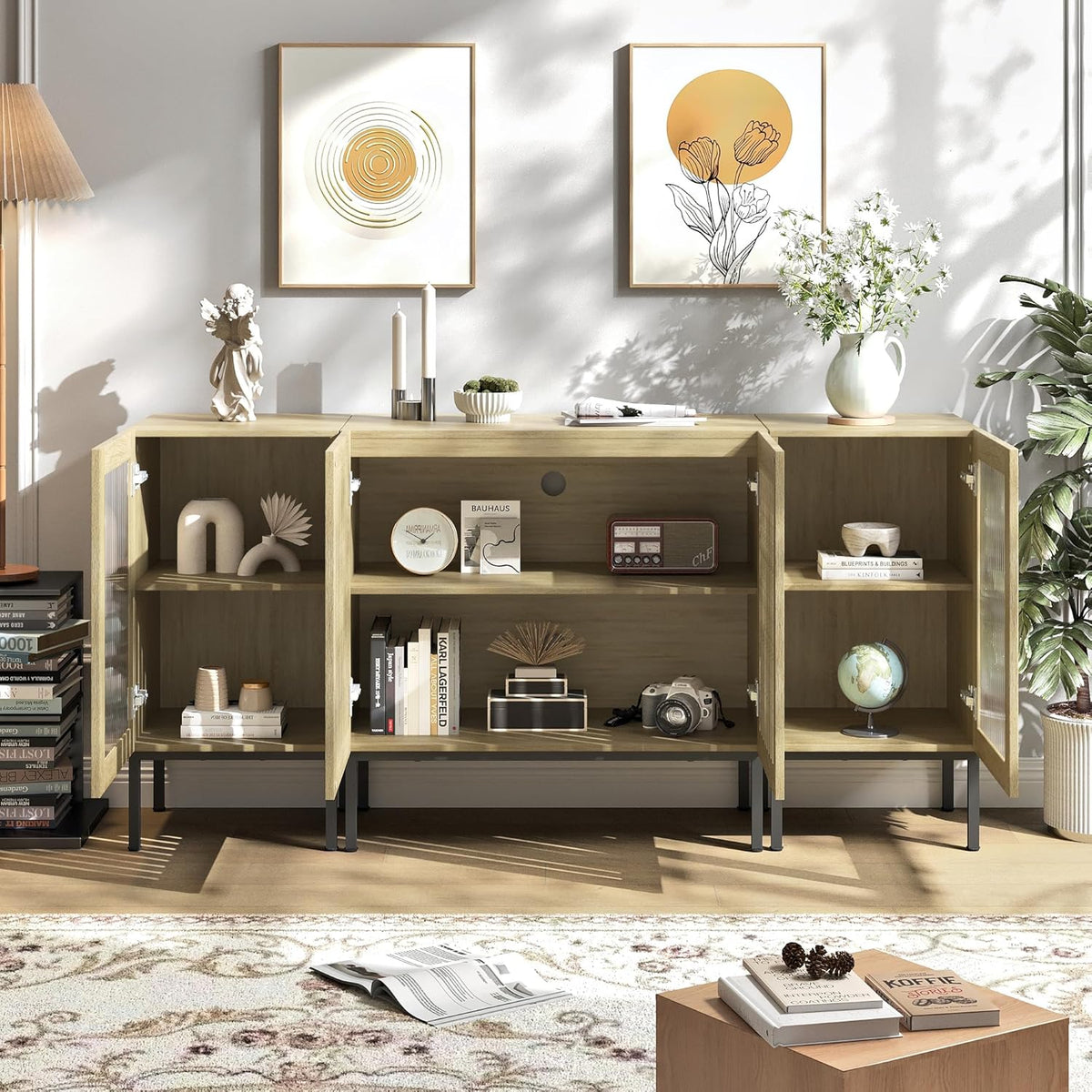 Farmhouse TV Stand for TVs up to 70 Inch, Entertainment Center TV Console with Storage Cabinets and Glass Doors,Media Console for Living Room,Oak