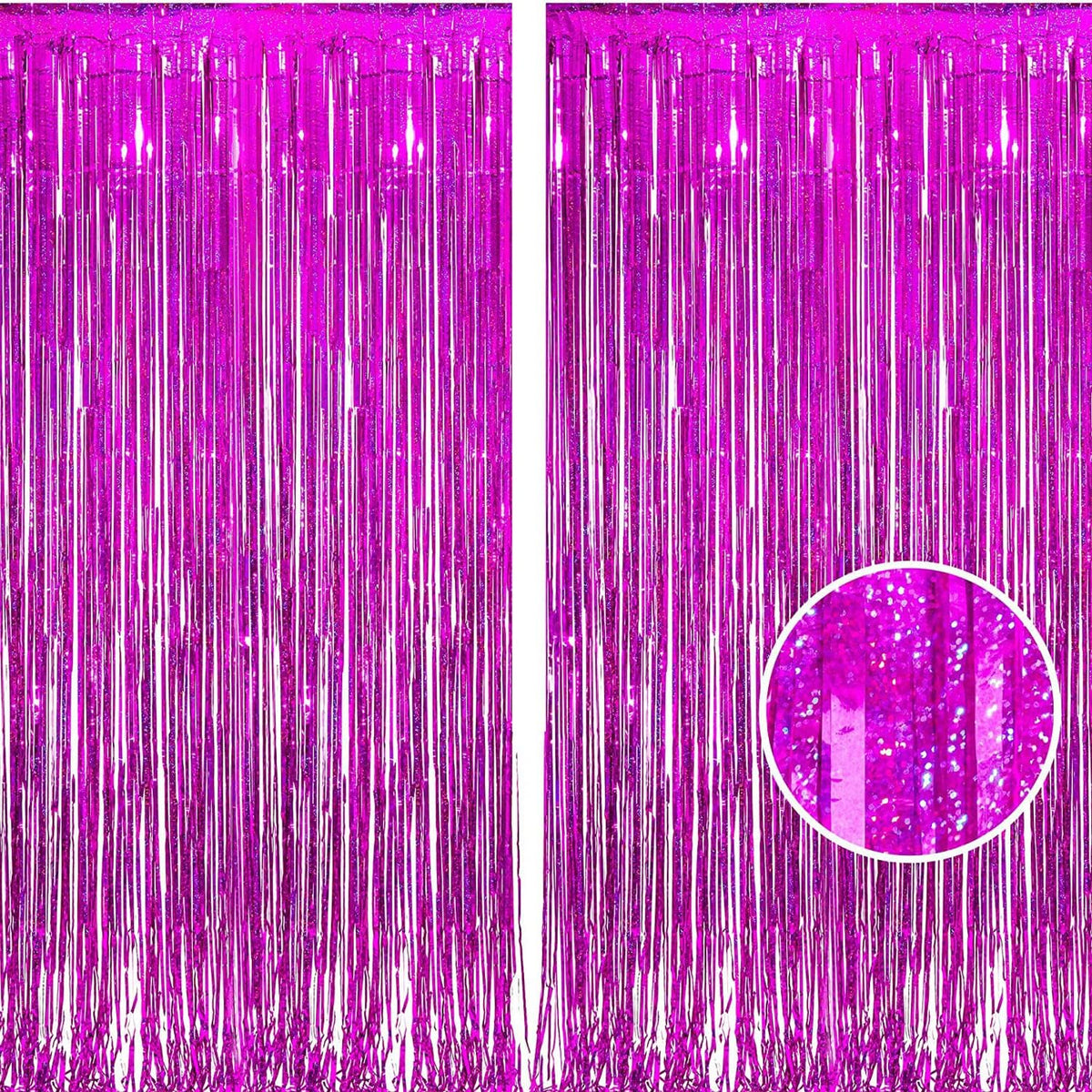 BRAVESHINE Hot Pink Tinsel Foil Fringe Curtains - 2Pcs 3.2x8.2ft Metallic Party Streamers Backdrop for Girl Birthdays Valentines Bridal Shower Bachelorette Hawaiian Luau Theme Party Decorations