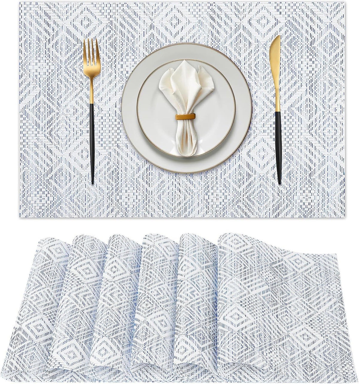 Vinyl Plastic Placemats Set of 6 Washable Heat Resistant Non-Slip Elegant Indoor Outdoor Kitchen Dining PVC Woven Table Place Mats (Blue Squares)