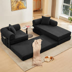 107" Oversized Convertible Sleeper Sofa Bed, Corduroy L Shape Sectional Couch, Folding Sofa Bed with Side Pocket, Modern Cloud Floor Mattress Couch, Modular Sofa for Living Room, Black