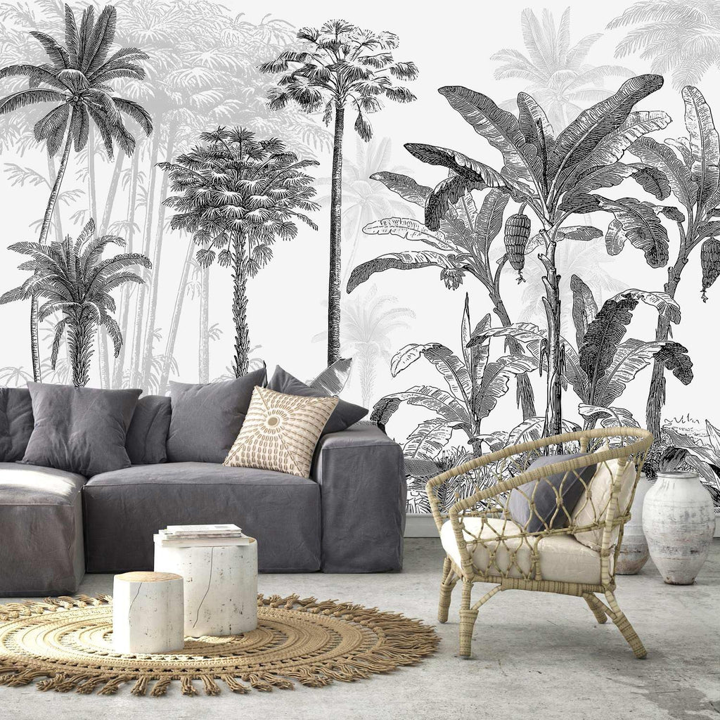 AFZEVEB-Black and White Jungle Wallpaper Hand-Painted Tree Wall murals for Bedroom 136"x96" (Not Peel and Stick)