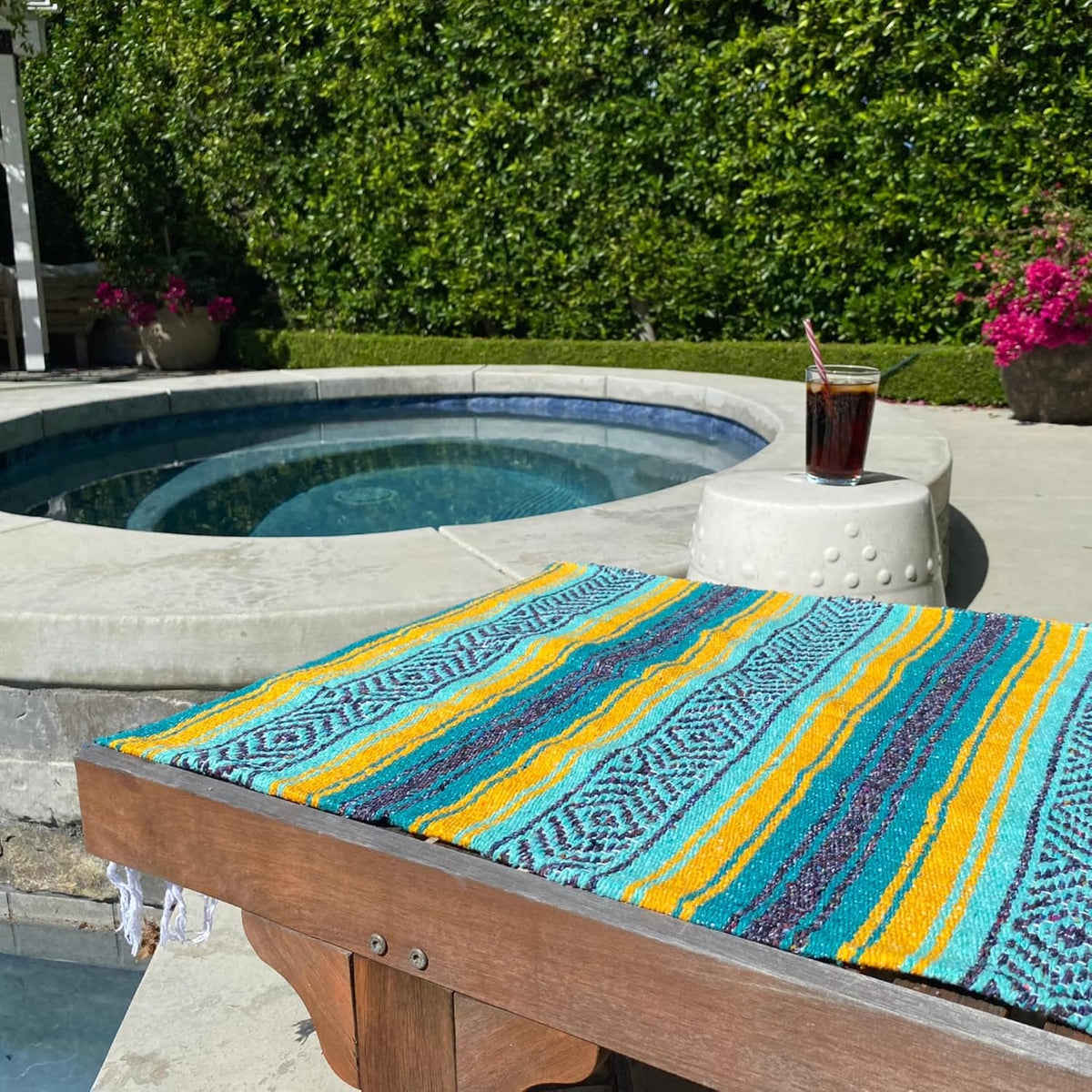 Del Mex Classic Mexican Blanket, Large Authentic Woven Falsa Throw (70"x50"), Artisan Southwest Décor for Beach, Yoga, Outdoors (Teal/Yellow)