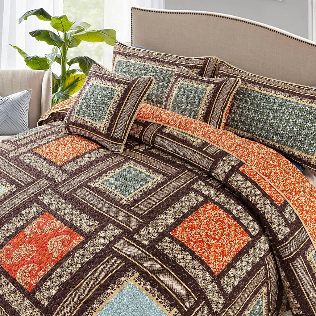 NEWLAKE Cotton Patchwork Bedspread, 3-Piece Bedding Quilt Set with Real Stitched Embroidery, Reversible Matelasse Bed Coverlet Set,Bohemian Farmhouse,Twin Size