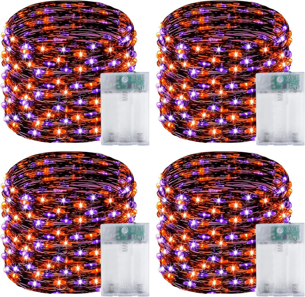 4 Pack 60LED Orange & Purple Fairy Lights Battery Operated with Timer, 20FT Waterproof Halloween Lights Outdoor Indoor, Black Wire String Lights for Bedroom, Party, Centerpiece, Halloween Decorations