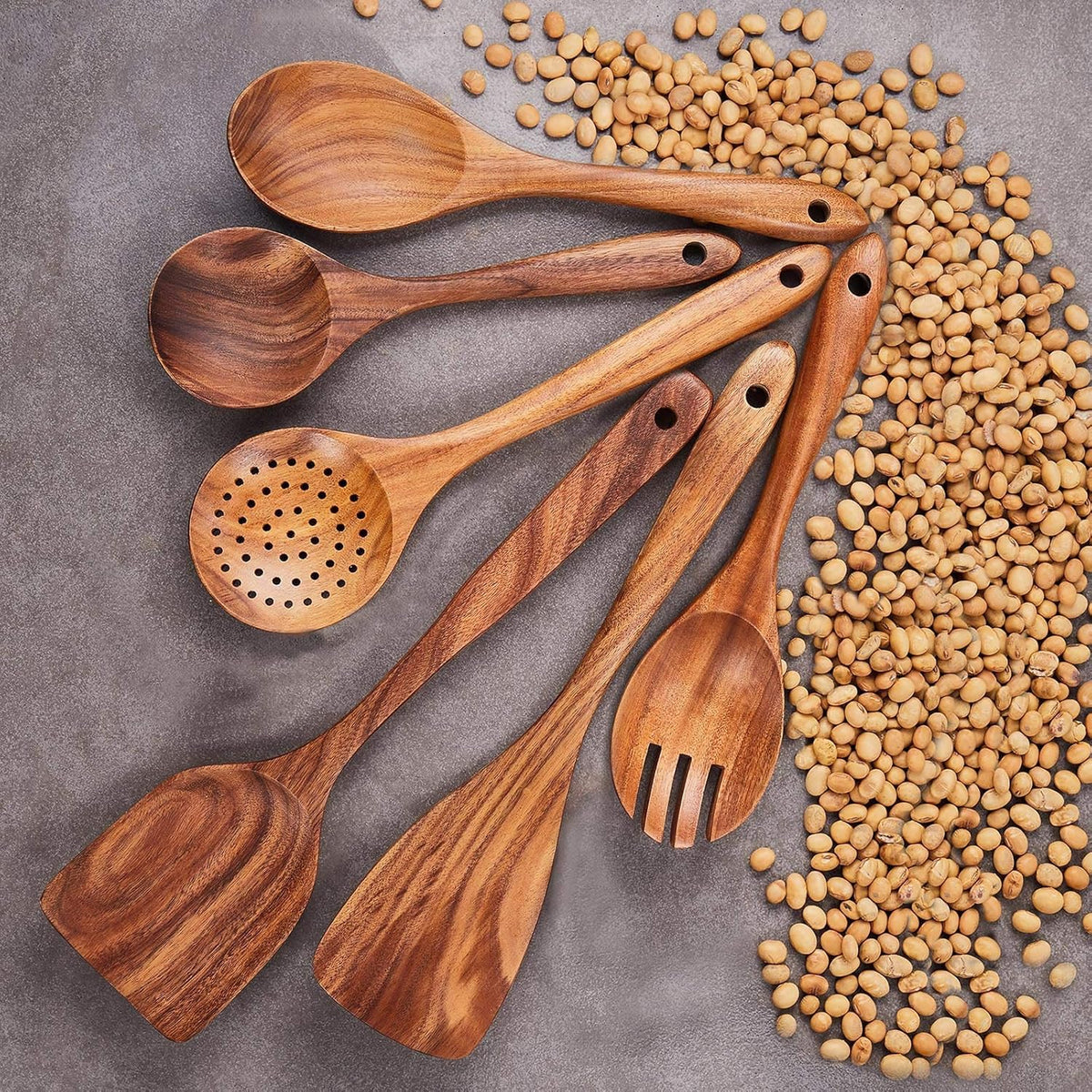 Wooden Kitchen Utensils Set,GUDAMAYE 6 PCE Wooden Spoons for Cooking,Wooden Cooking Utensils,Natural Teak Wooden Spoons For Non-stick Pan