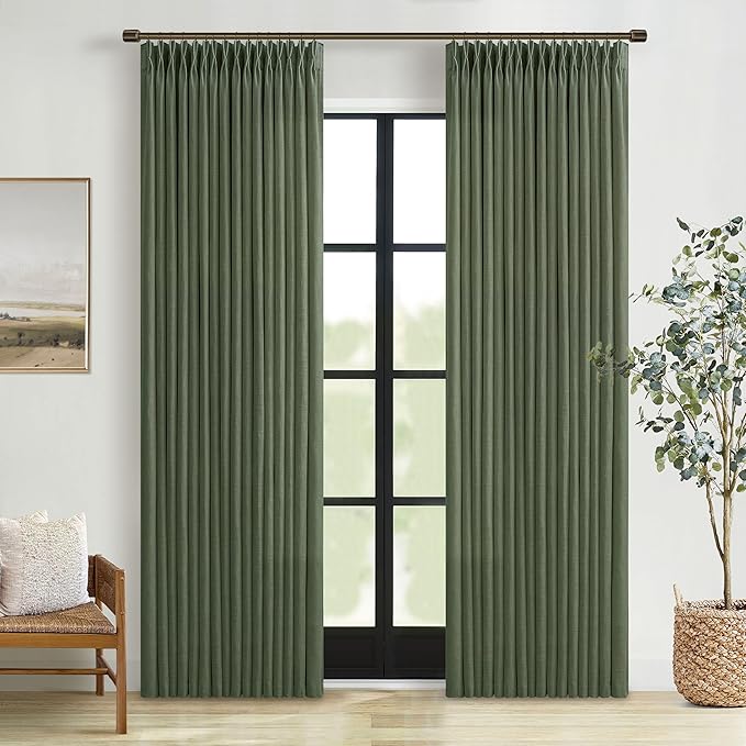 Green Pinch Pleated Linen Light Filter Memory Shape Curtains 90 Inch Long | by Twodrapes
