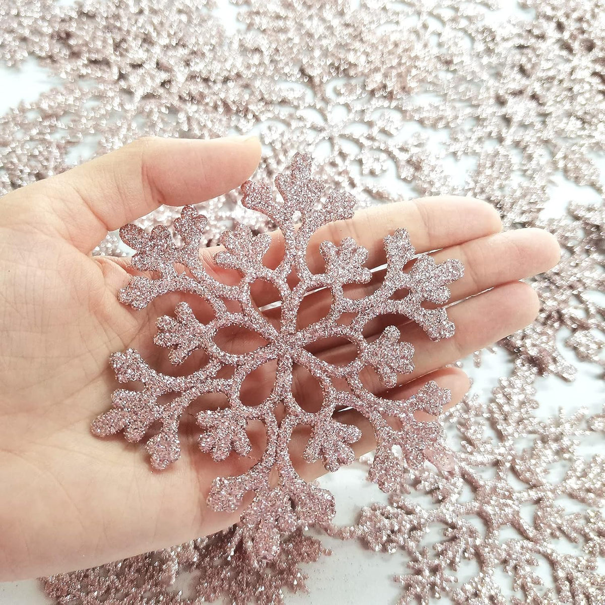 36pcs Christmas Rose Gold Snowflake Ornaments Plastic Glitter Snow Flakes Ornaments for Winter Christmas Tree Decorations Size Varies Craft Snowflakes
