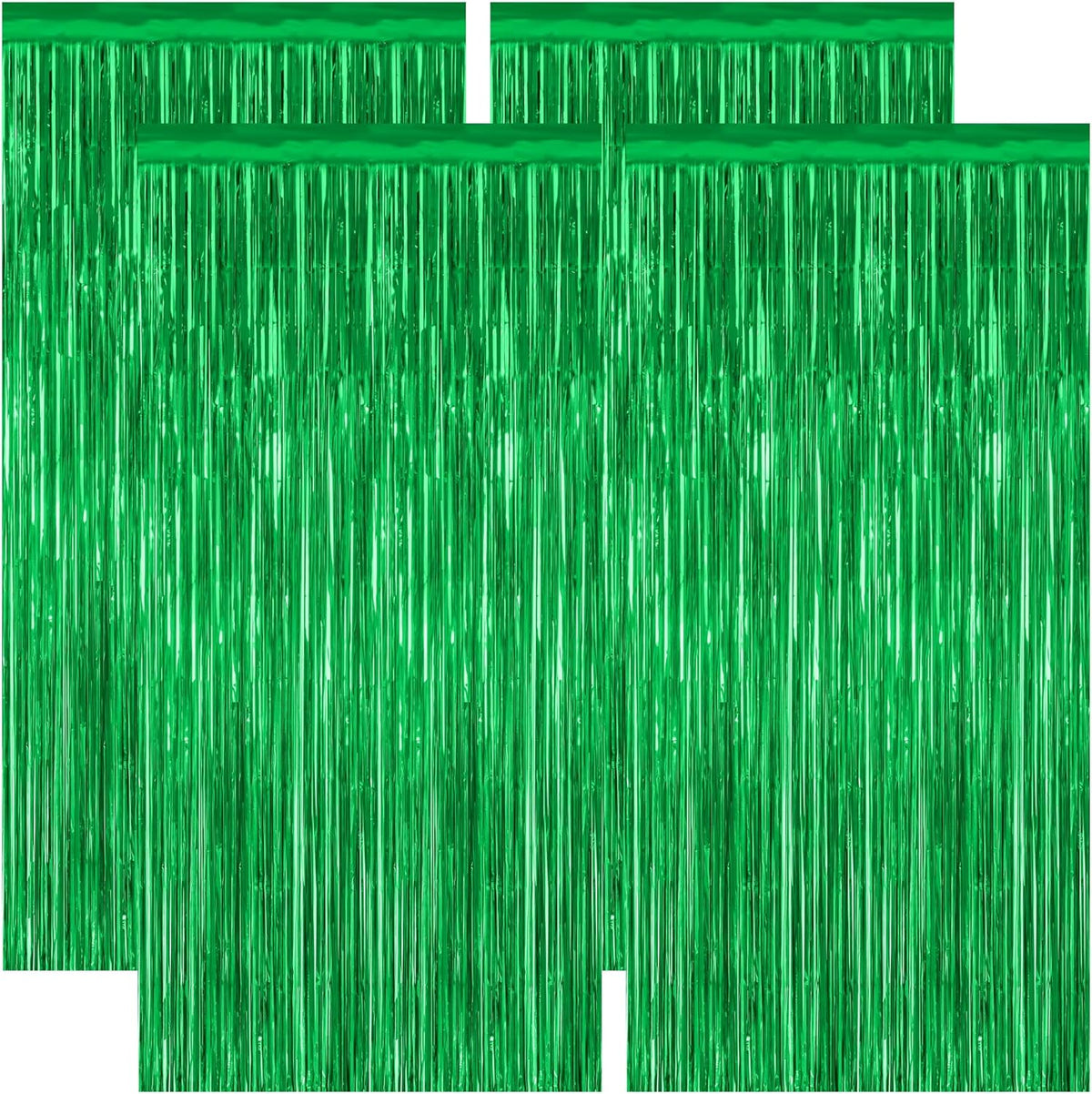 4 Pack Green Streamers, 3.28 FT x 7.05 FT Birthday Tinsel Backdrop, Metallic Green Foil Fringe Curtains Photo Booth Backdrop, Green Jungle Theme Decorations Birthday Decor