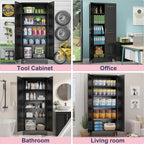 75" Storage Cabinet, Metal Pantry Cabinet, Kitchen Pantry Storage Cabinets with Doors and 4 Shelves, Cabinets for Laundry Room, Living Room, Dinning Room, Assembly Required, Black