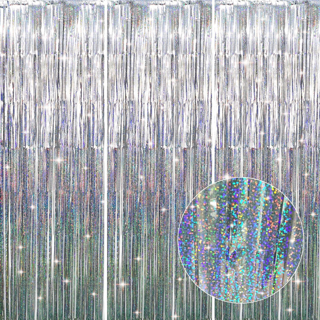 GOER 3.2 ft x 8.2 ft Metallic Tinsel Foil Fringe Curtains Party Photo Backdrop Party Streamers for Birthday,Graduation,New Year Eve Decorations Wedding Decor (3 Pcs, Shiny Silver)
