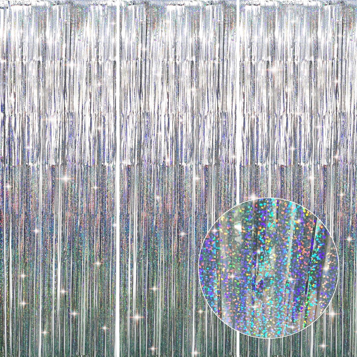 GOER 3.2 ft x 8.2 ft Metallic Tinsel Foil Fringe Curtains Party Photo Backdrop Party Streamers for Birthday,Graduation,New Year Eve Decorations Wedding Decor (3 Pcs, Shiny Silver)
