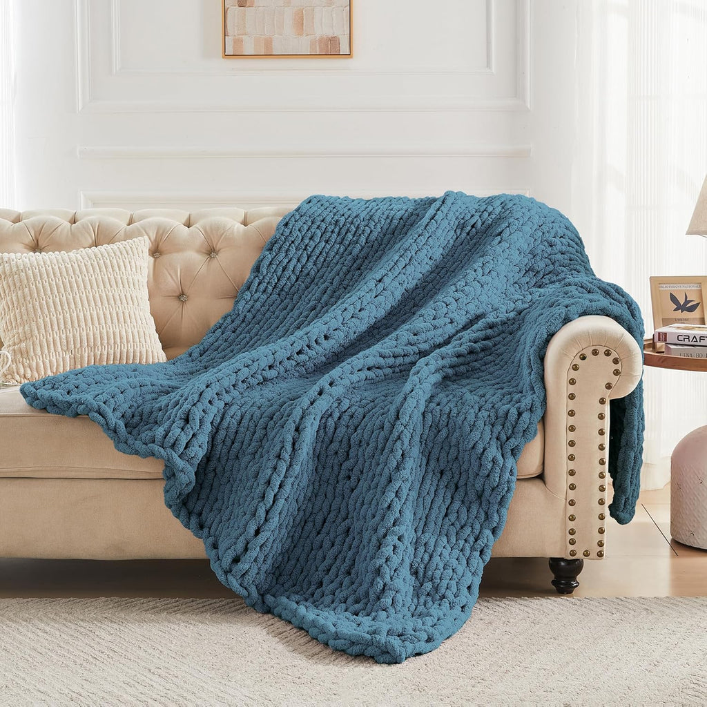 Carriediosa Chunky Knit Throw Blanket 60" X 80" Twin, 100% Hand Made Large Chenille Loop Yarn Soft Fluffy Throws for Couch Sofa Bed, Big Crochet Cozy Heavy Thick Cable Woven Blankets, Lyons Blue