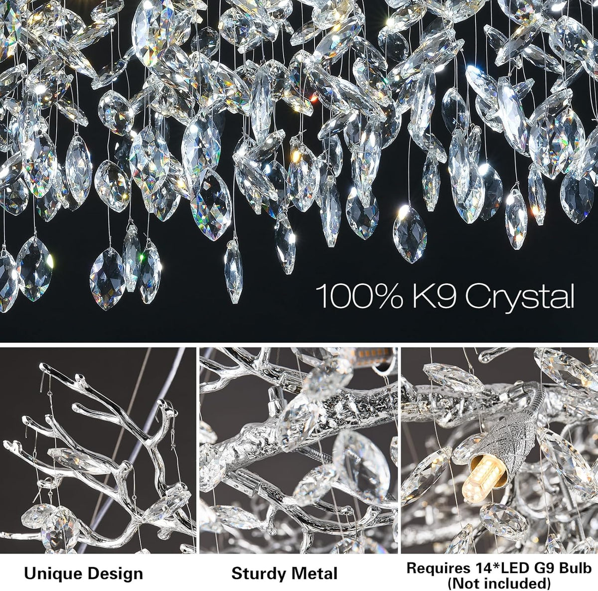 Modern Crystal Silver Chandelier,72" Large Rectangular Chandeliers for Dining Room, Tree Branch Crystal Lving Room Chandelier,Dining Room Over Table Chandelier,Fixture Height-Adjustable