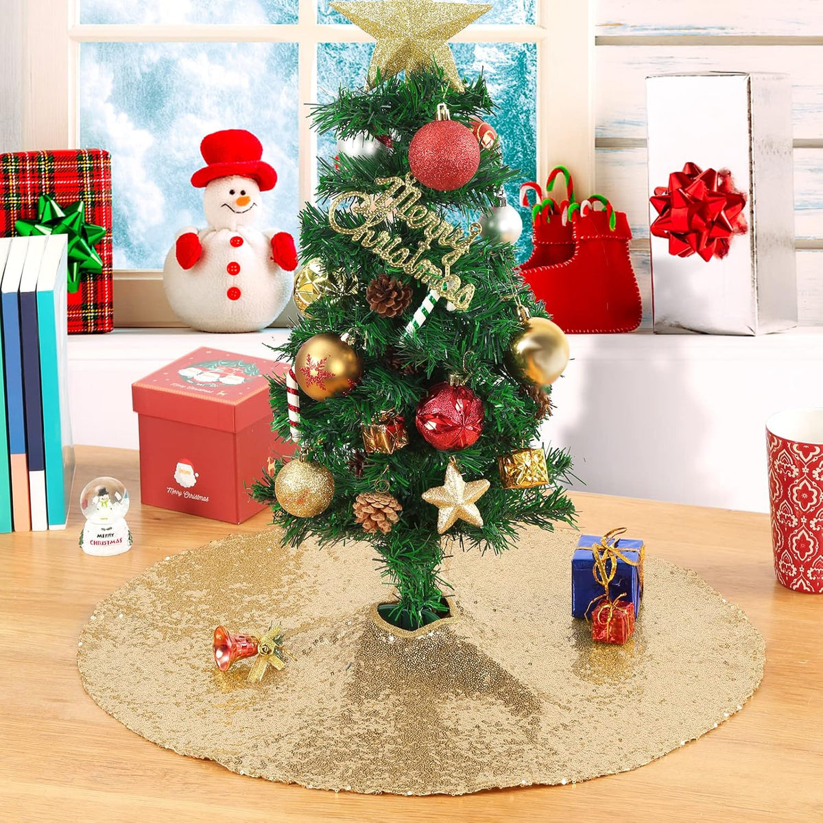 Christmas Tree Skirt 24 inch Champagne Gold Tree Skirt Small Sequin Tree Skirt for 4ft Christmas Tree Decorations