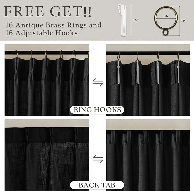 Black Pinch Pleat Linen Blend Semi Sheer Curtains - Image 5