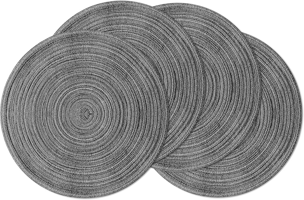 Leetaltree Round Placemats Heat and Slip Resistant Cotton Table Mats, Washable Bohemian Placemats for Dining Tables (Charcoal, Set of 4)