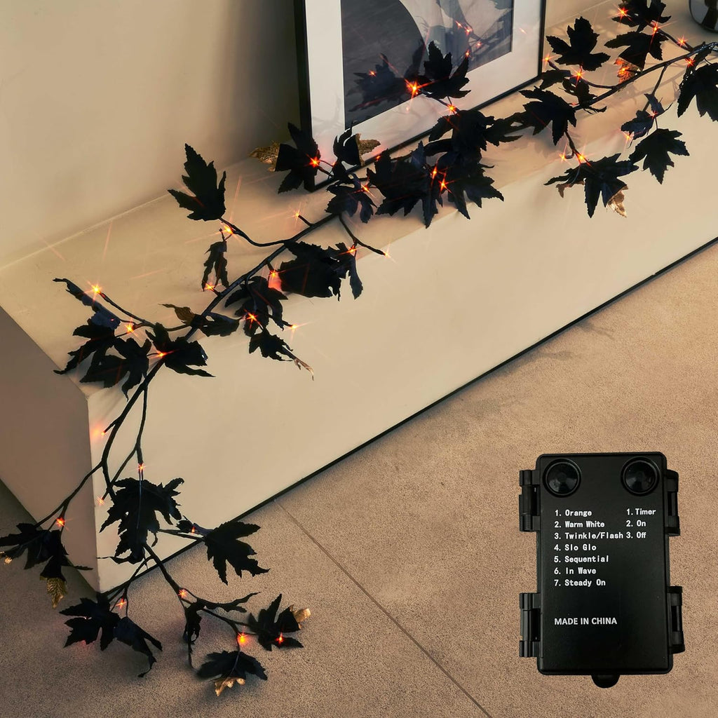 Birchlitland Halloween Black Maple Garland with Lights Timer 48 LED Orange and Warm White Fairy Lights, Battery Operated for Indoor and Outdoor Halloween Party Decoration