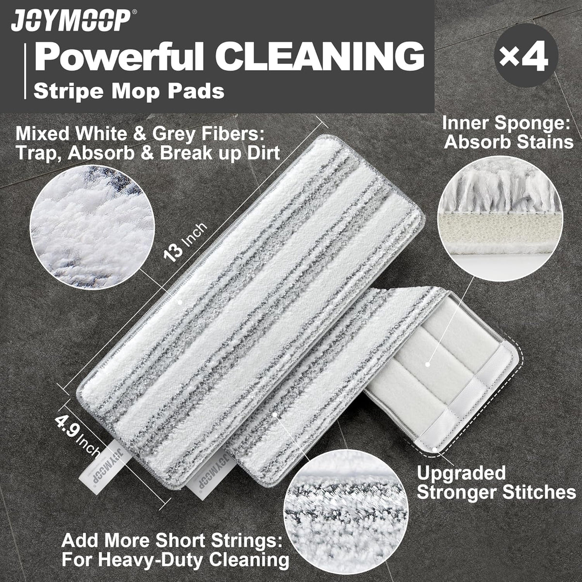JOYMOOP Flat Mop Pads, Microfiber Mop Cleaning Pads, Washable Pads, Pads Replacement for Flat Mop or Mop Bucket Set, Pack of 4 Refills 13inch - Stripe