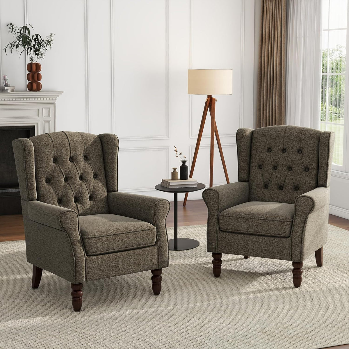 UIXE High Back Accent Chairs Set of 2, Upholstered Armchair in Fabric, Retro Wingback Arm Chair for Living Room, Comfy Single Sofa Bedroom Reading Seat with Solid Wood Legs - Taupe