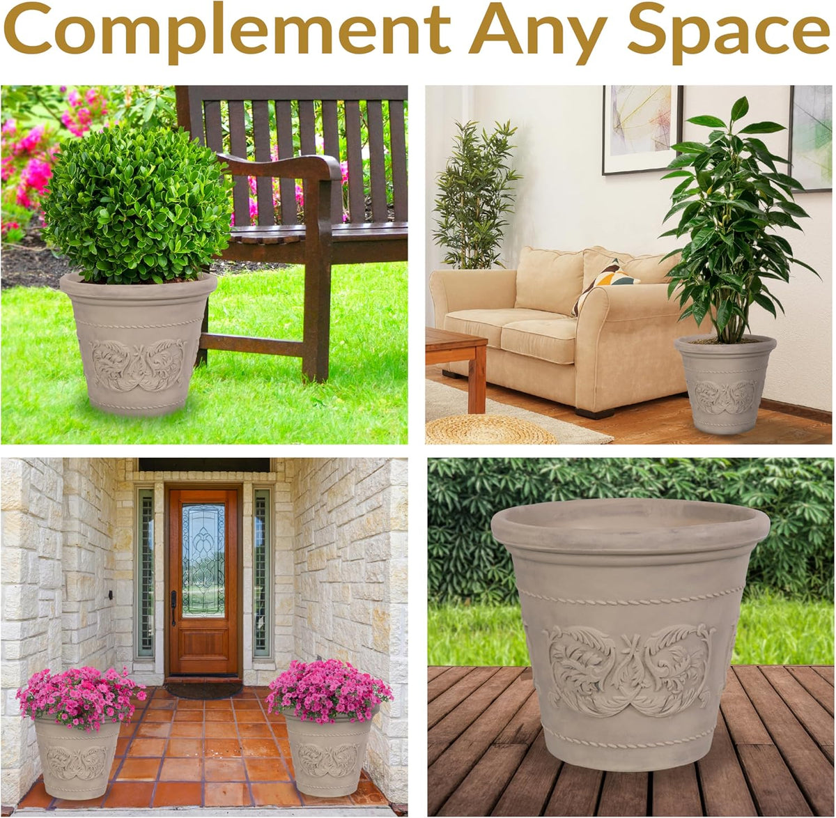 Sunnydaze 19.5-Inch Arabella Large Plant Pot - Polyresin Round Outdoor Planter with Drillable Drainage Holes - 4 Pack - Beige