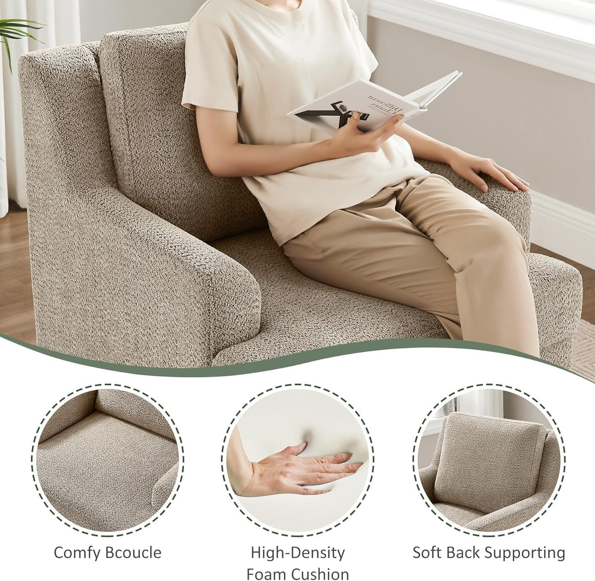 Oversized Accent Chair, Modern Boucle Armchair with Wood Legs, Modern Reading Chair with Thick Cushion, Comfy Chairs for Living Rooms, Bedrooms, Reading nooks and Apartments