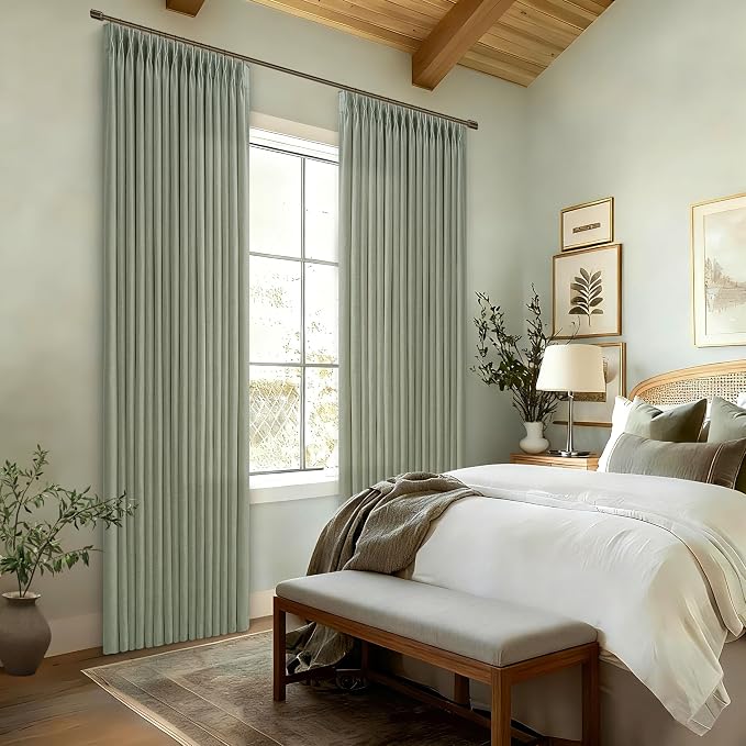 120 Inch Pinch Pleated Light Filtering Linen Curtains Sage Green 2 Panels | - Image 8