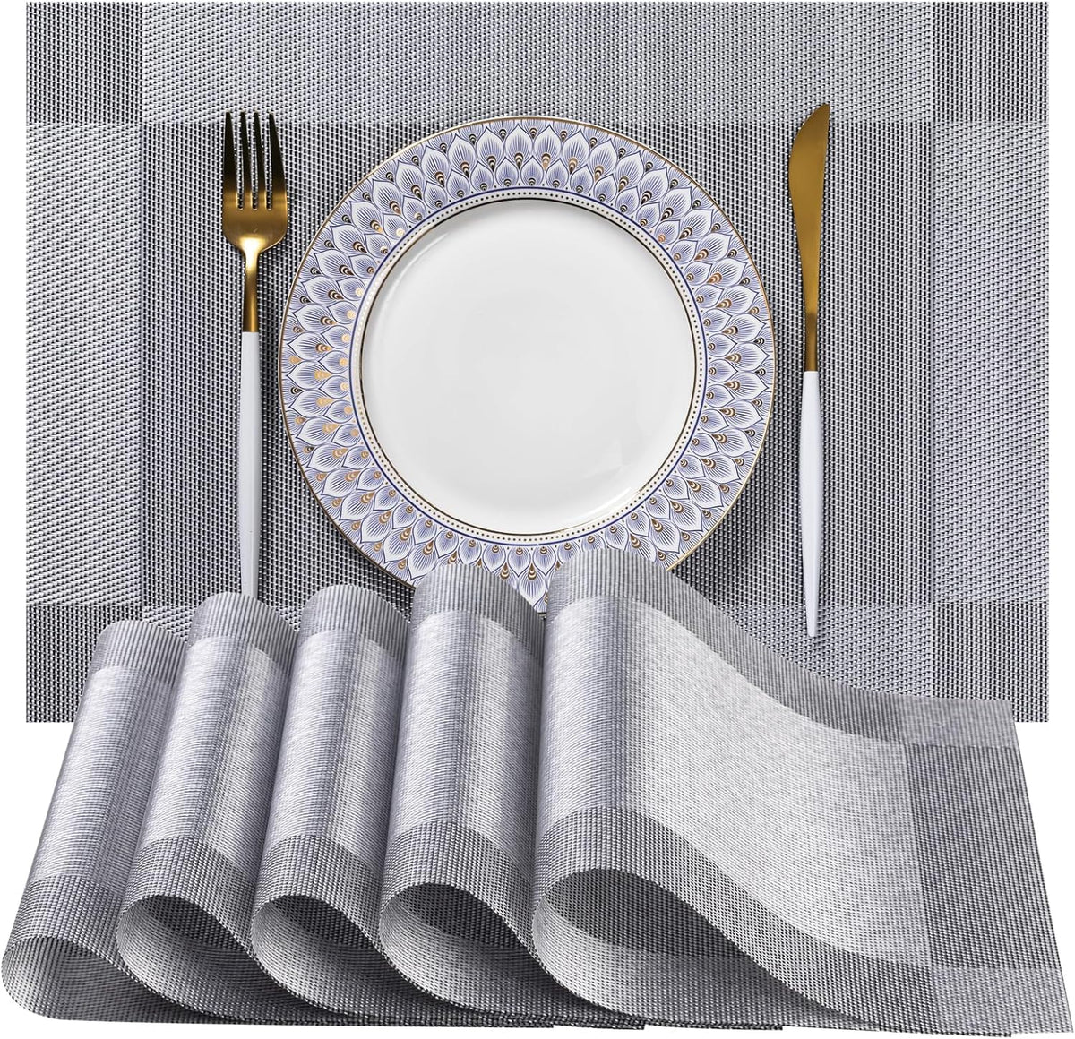 LEXMORE Placemats Set of 6 Vinyl/Plastic Woven Place Mats for Kitchen Table Indoor/Outdoor Washable Placemat Wipeable Dining Table Mats(G-Silver Cube)