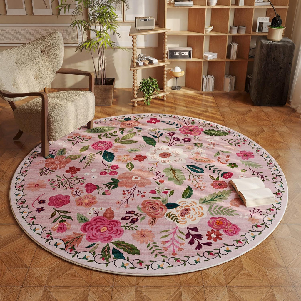 Round Rug 4ft Washable Circle Rug Non Slip Low Pile Boho Floral Small Circular Rug for Bedroom, Bathroom, Entryway, Kids Room, Office, College Dorm(Pink)