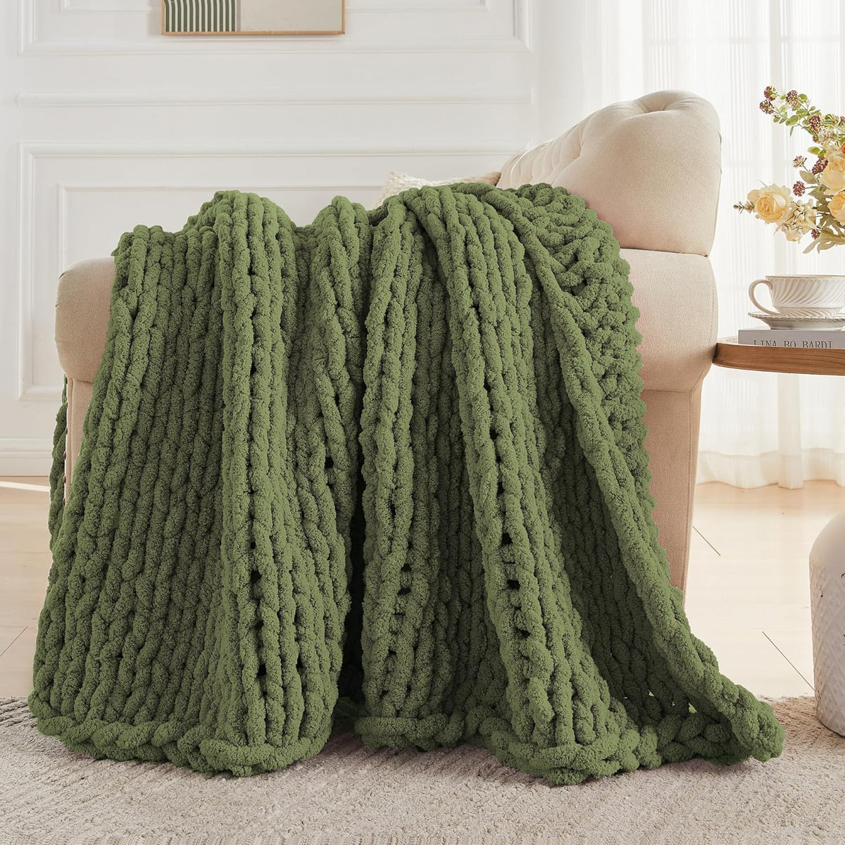 Carriediosa Chunky Knit Throw Blanket 60" X 80" Twin, 100% Hand Made Large Chenille Loop Yarn Soft Fluffy Throws for Couch Sofa Bed, Big Crochet Cozy Heavy Thick Cable Woven Blankets, Olive Green