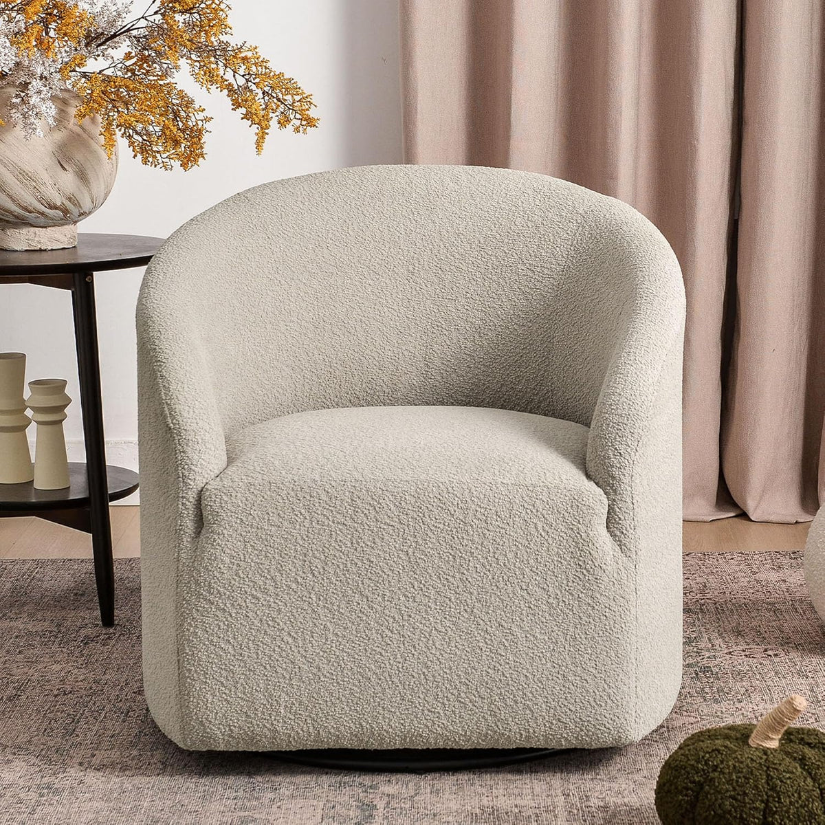 KINWELL 32" Wide Modern Boucle Swivel Barrel Chair, No Assembly Round Upholstered Swivel Accent Armchair for Living Room, Bedroom, Office (Oatmeal)