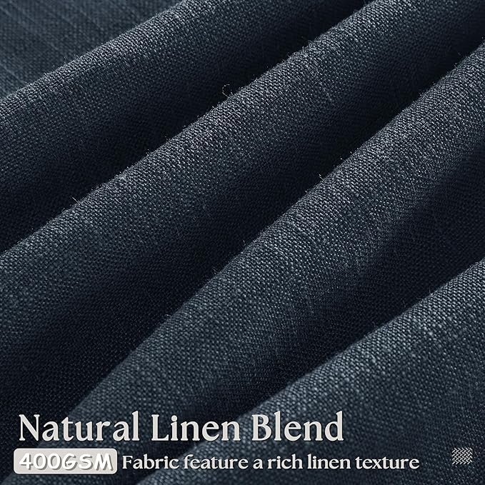 Navy Pinch Pleated Linen Semi Sheer Short Curtains 45 Inch Length 2 Panels | - Image 2
