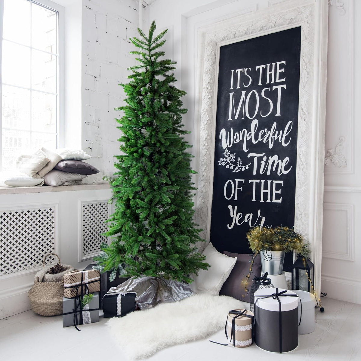 Fraser Hill Farm 7.5-Ft. Carmel Pine Slim Artificial Christmas Tree with Stand, Unlit Foldable Fake Tree with Realistic Foliage for Home Decoration
