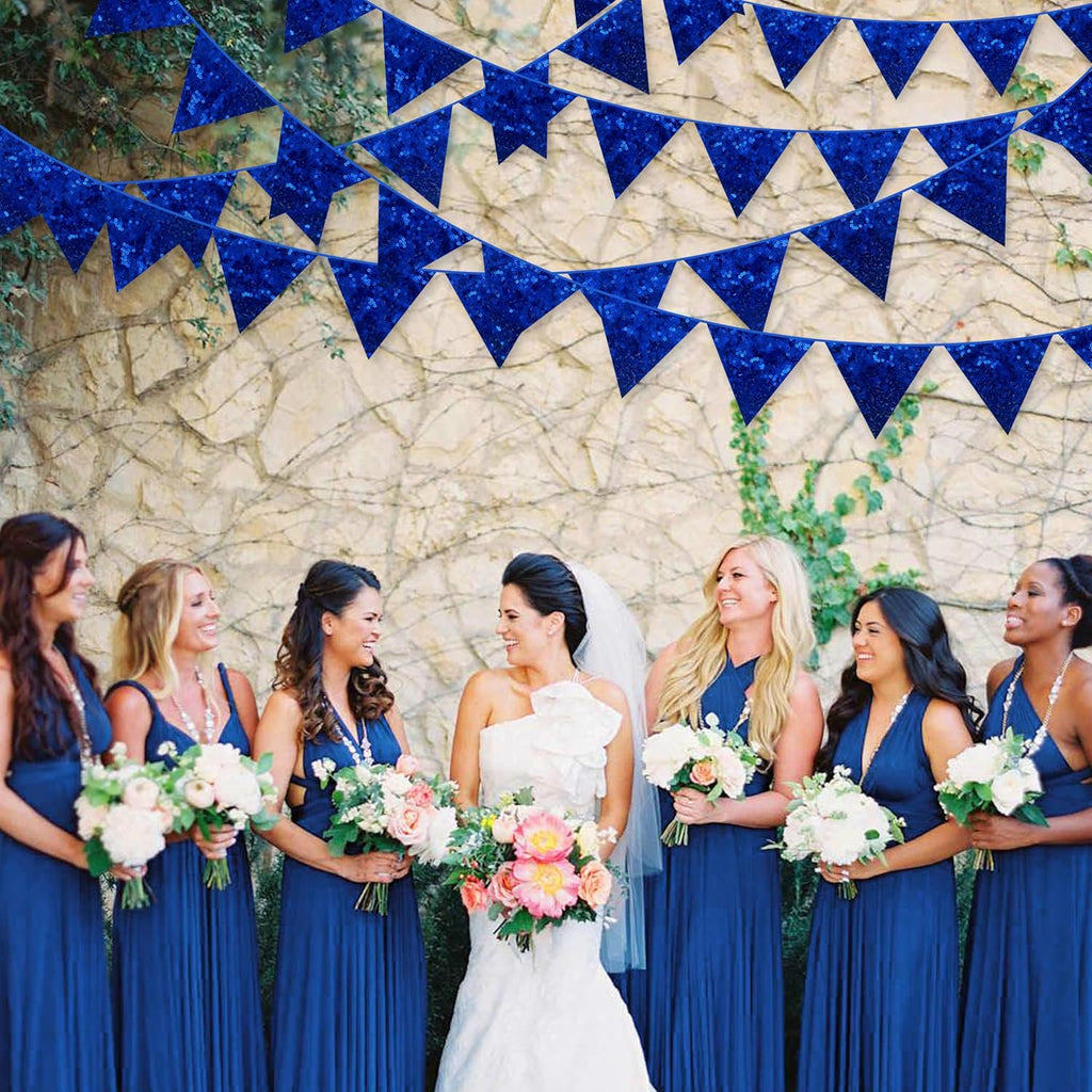 pinkblume Royal Blue Decorations Double Sided Sequin Navy Blue Fabric Triangle Pennant Banner Flag Bunting Garland for Blue Nautical Ahoy Achor Theme Nursery Classroom Home Bedroom Wall Decor